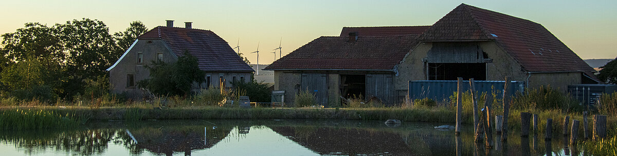 Humusland Hof in der Nordpfalz – Hofgebäude mit Scheunen am Teich bei Sonnenuntergang
